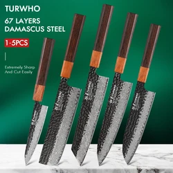 TURWHO 1-5PCS Kitchen Knives Set Hand Forged Damascus Steel Japanese Handmade Chef Knife Cleaver Santoku Utility Cooking Tools