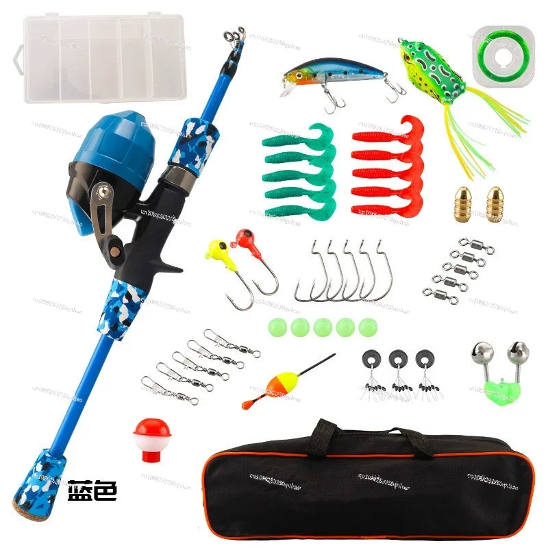 Kids Fishing Rod and Reel Combo Full Kit 1.2m/1.5m Telescopic Casting Rod Pole with Spincast Reel and Hooks Lures Swivels Carry