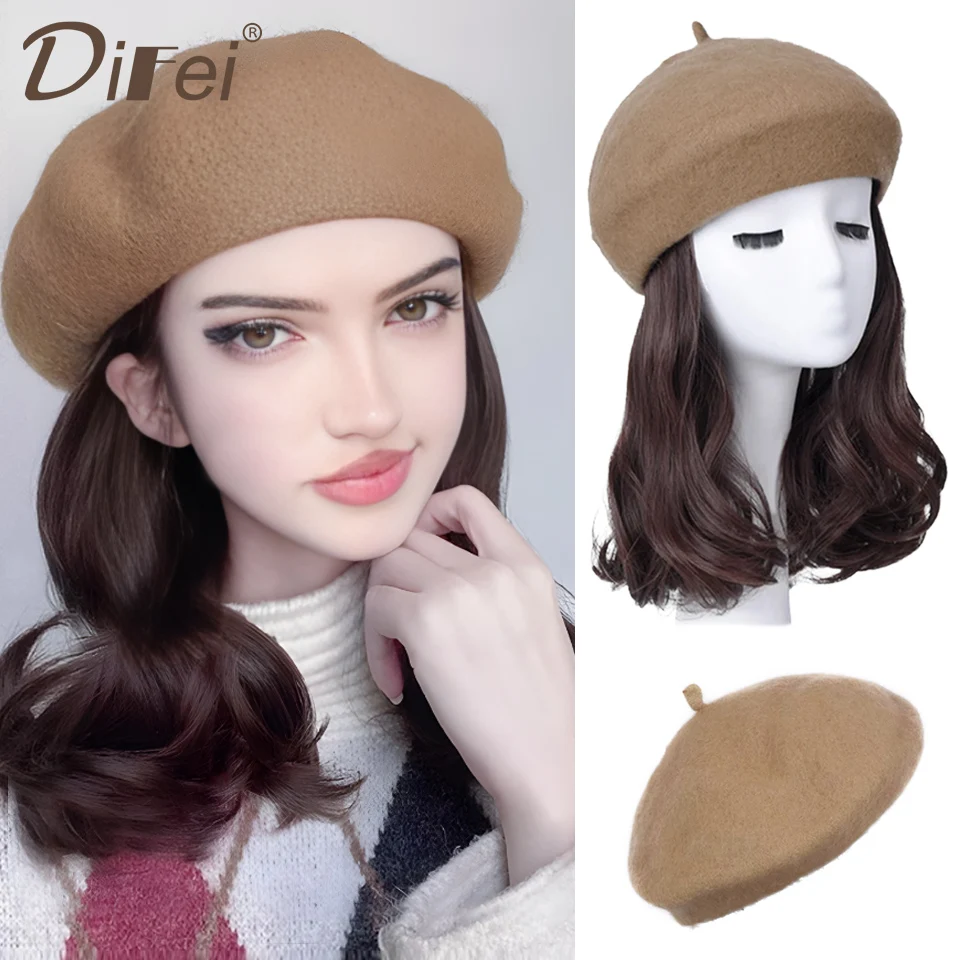 

DIFEI Synthetic Wig Women's Autumn And Winter Hats Wig One Fashion Joker Wool Beret Fluffy Short Curly Hair Christmas Party Wig