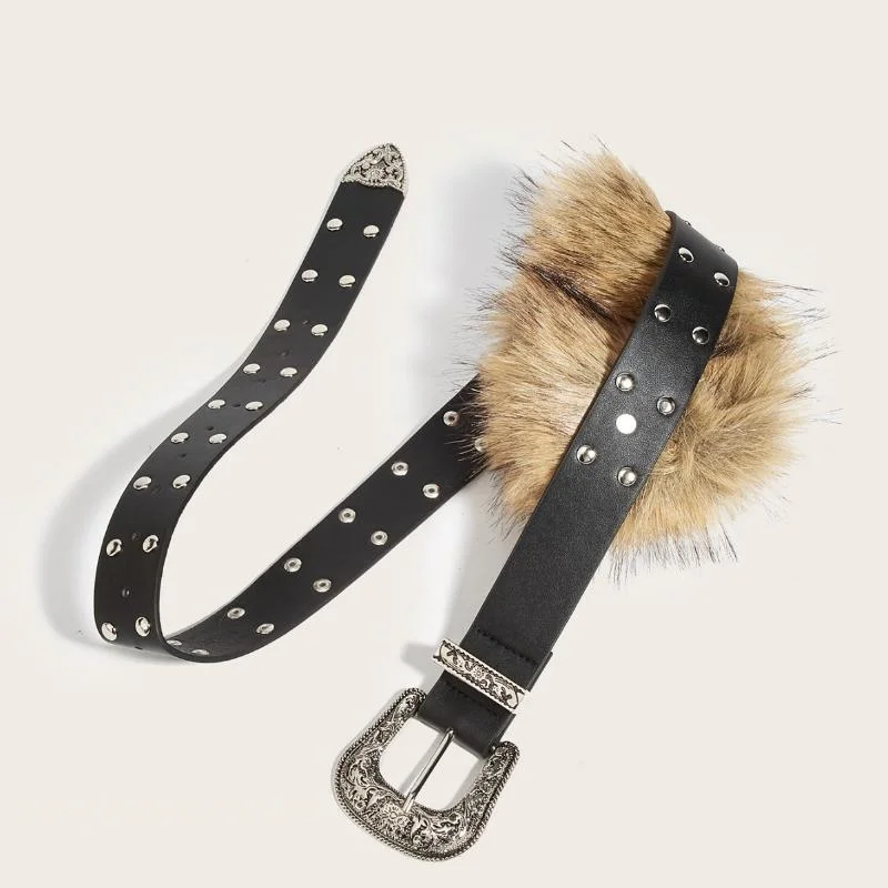 【R】Punk PU Leather Fur Belt Y2K Metal Studded Plush Waist Chain Faux Fur Belts Furry Sexy Vintage Waistband Hiphop Jeans Belt