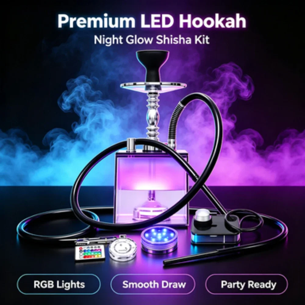 1A%Acrylic Hookah With LED Light Shisha Box 1Nargile Sheesha Narguile Chicha Cachimbas Water Pipe Shisha Hookah Set Accessory