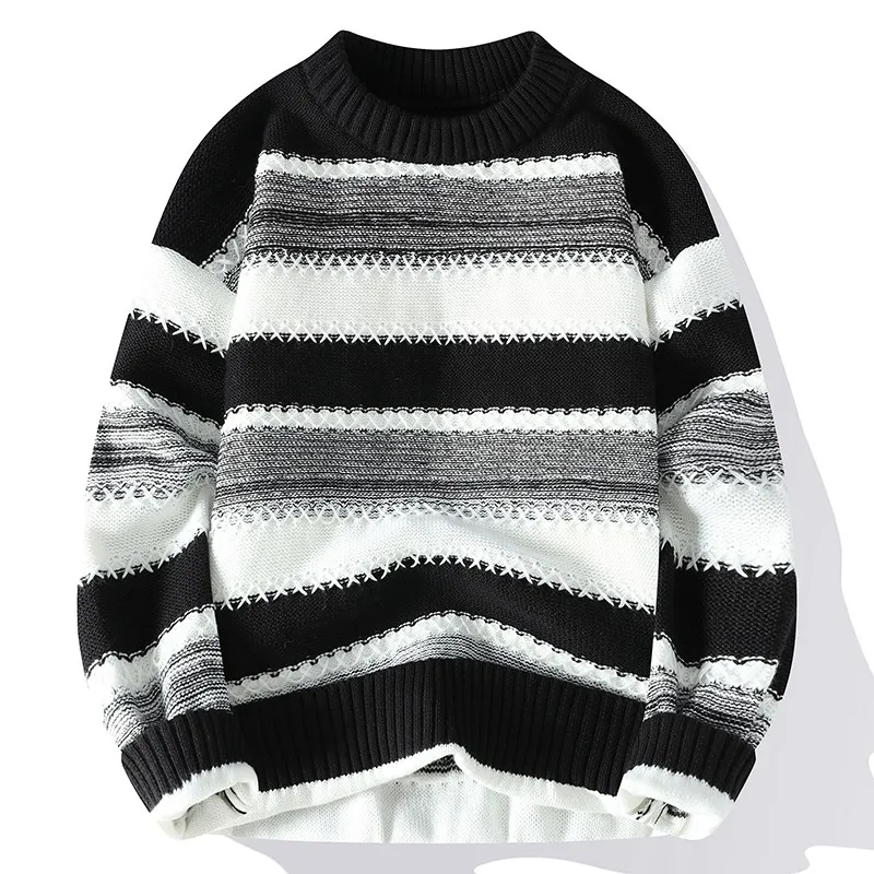 Sweater Men's Spring Autumn and Winter Retro New Contrasting Color Stripes Trend