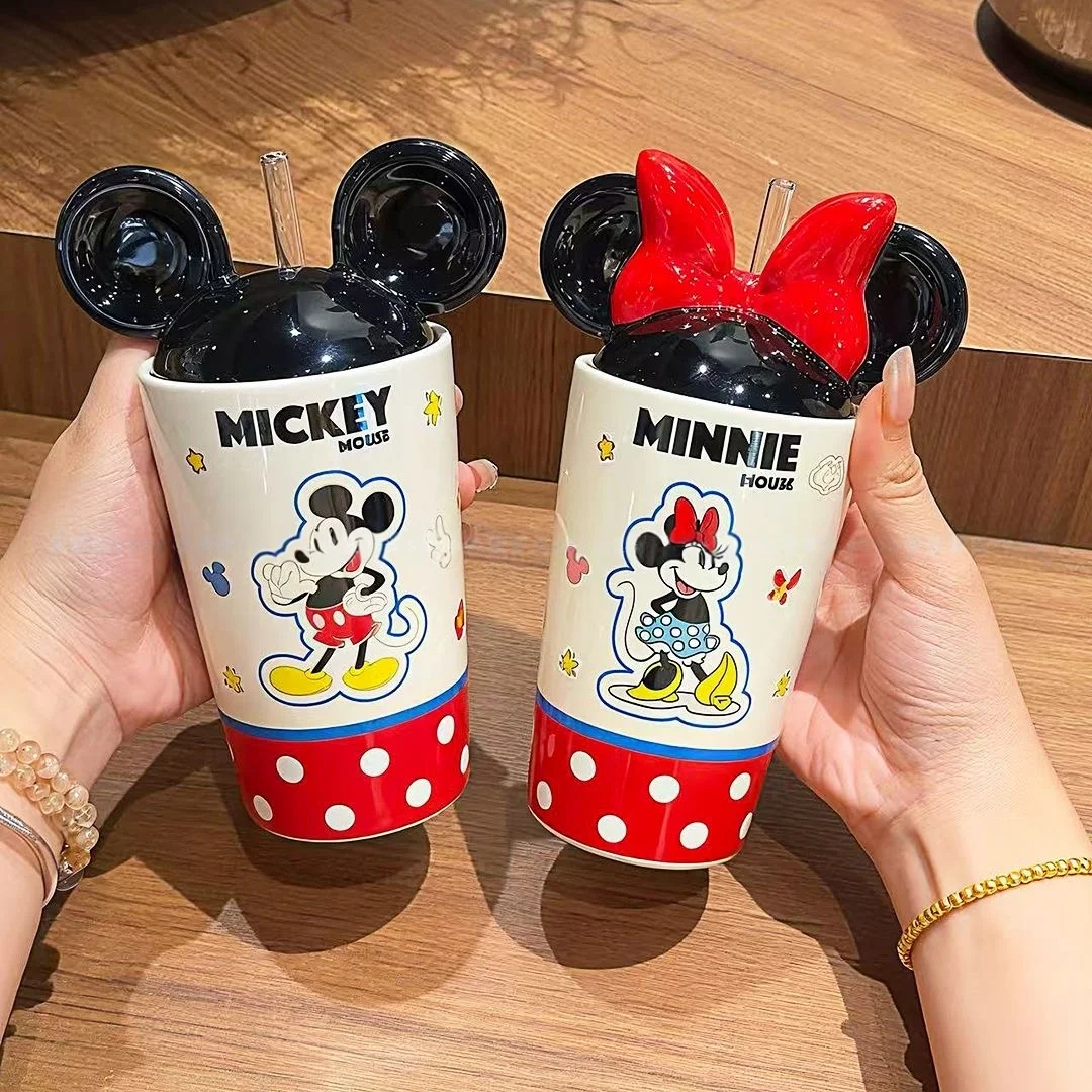 

450ml Disney Mickey Minnie Large Capacity Ceramic Straw Cup With Lid Cute Couple Water Bottle Birthday Gift Home Travel