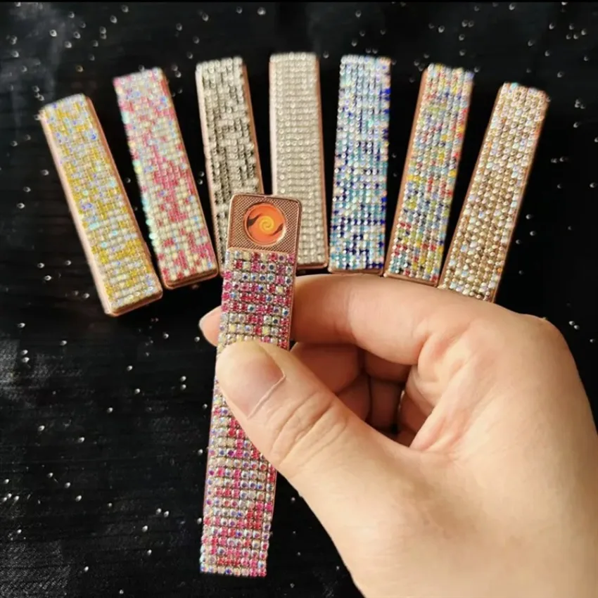 New Double-Sided Rhinestone Inlaid Lighter, Ultra-Thin Silent USB Rechargeable Tungsten Ignition Lighter, Premium Gift for Girl