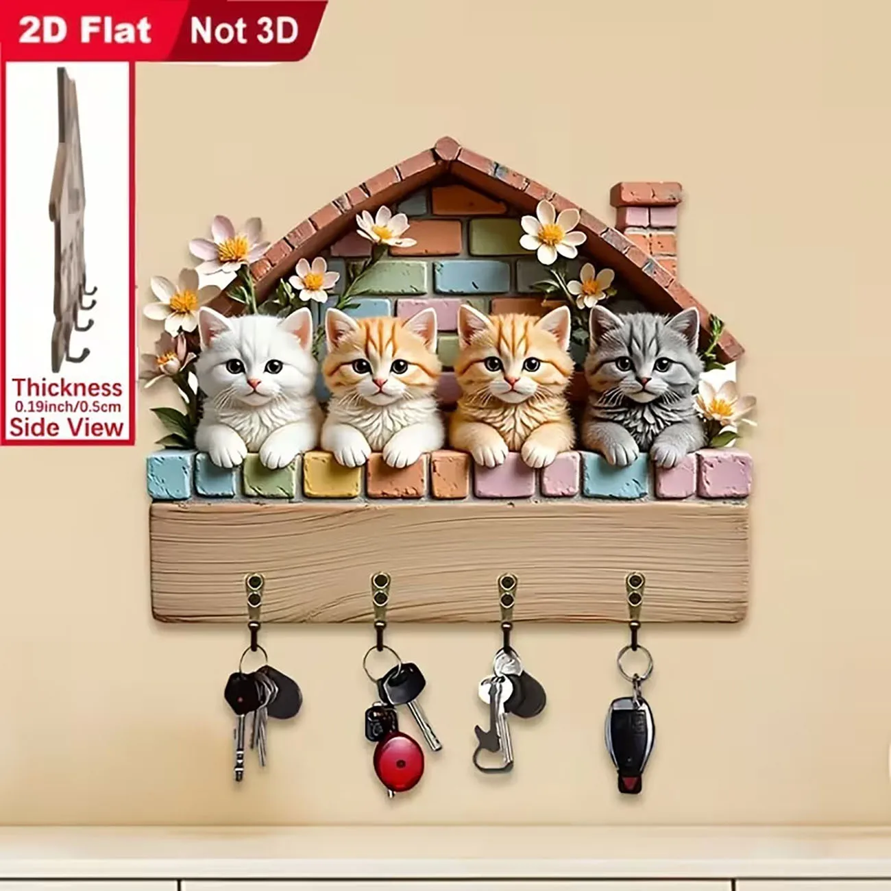 2D flat house key holder with four peeking kittens print, four hooks, colorful brick floral pet wall decor.