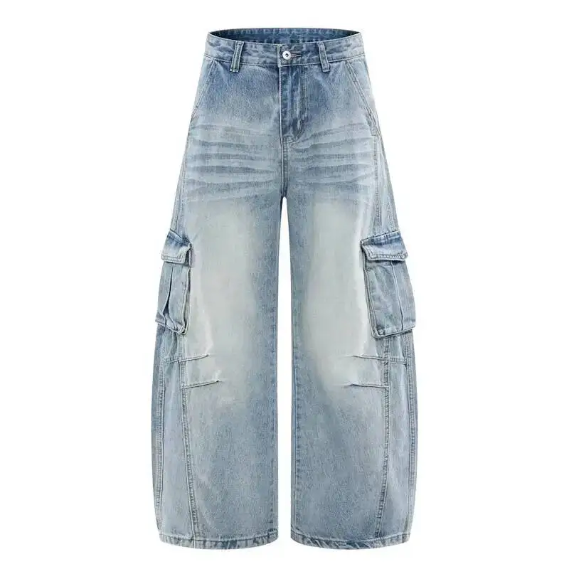 Workwear Men's Cargo Jeans Multi Pocket Light Wash Wide Leg Baggy Casual Pants 9X740B
