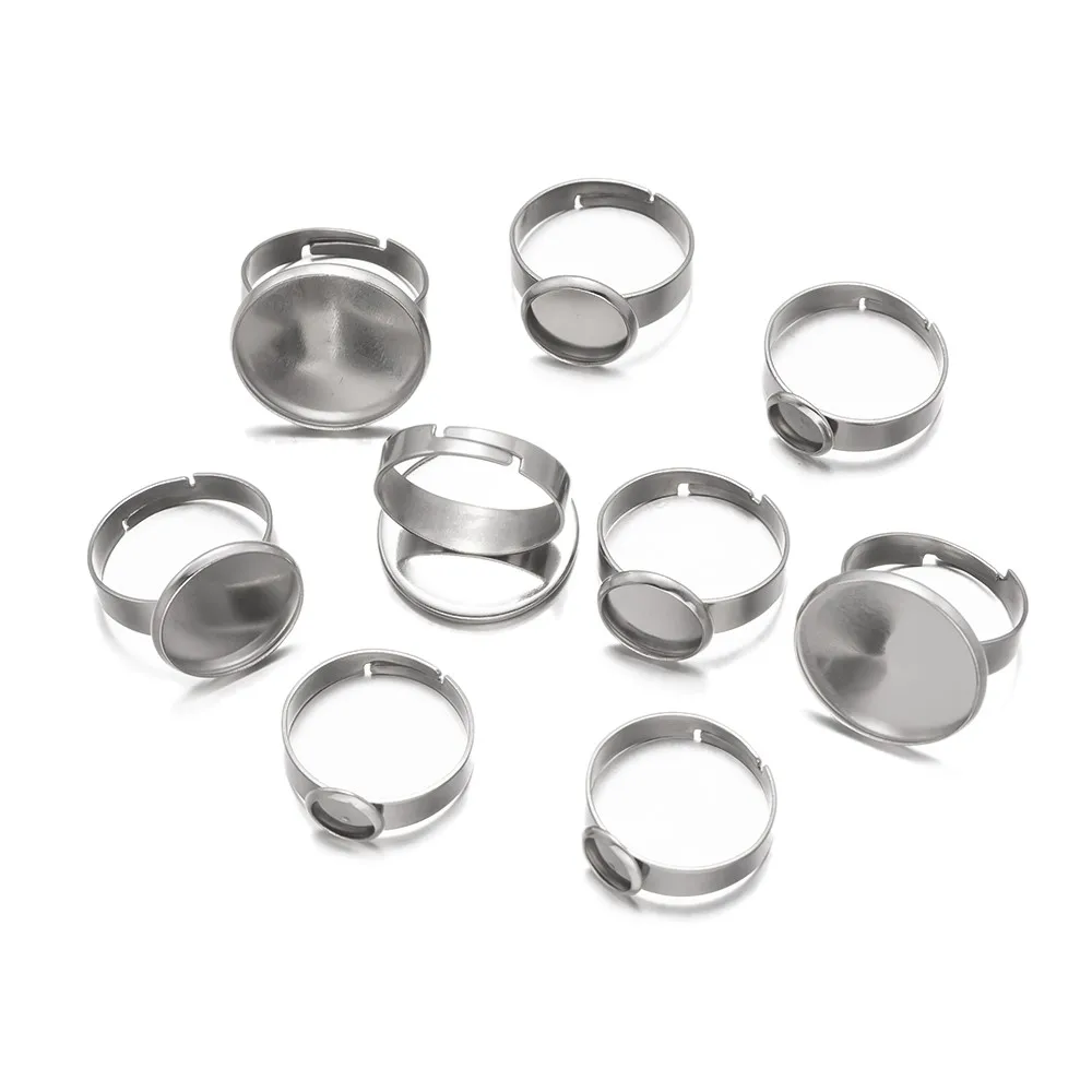 10Pcs 6/8/10/12/14/16/18/20mm Stainless Steel Adjustable Ring Glass Cabochons Setting Blank Base DIY Jewelry Making Accessories