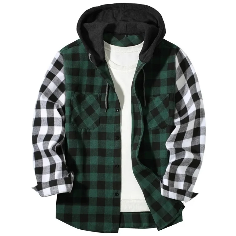 Men Women Christmas Red 3 Color Block Plaid Hooded shirts for men Plaid Patchwork Shirts Button Down Long Sleeve Casual Shirts