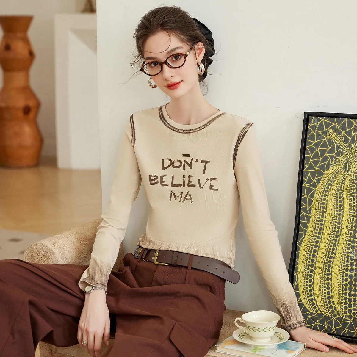 LOUIS YAO Women's T-Shirt 2025 Autumn Micro-Stretch Casual Tops for Women Fashionable Printed Gradient Long-Sleeve T-Shirt