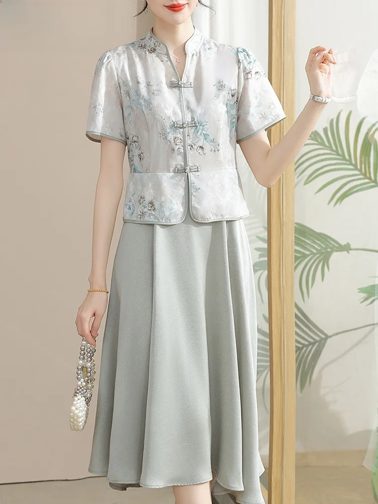 

Новое китайское летнее платье-ципао миди с коротким рукавом для мам 40-50 лет, модное, свободного кроя, с V-образным вырезом