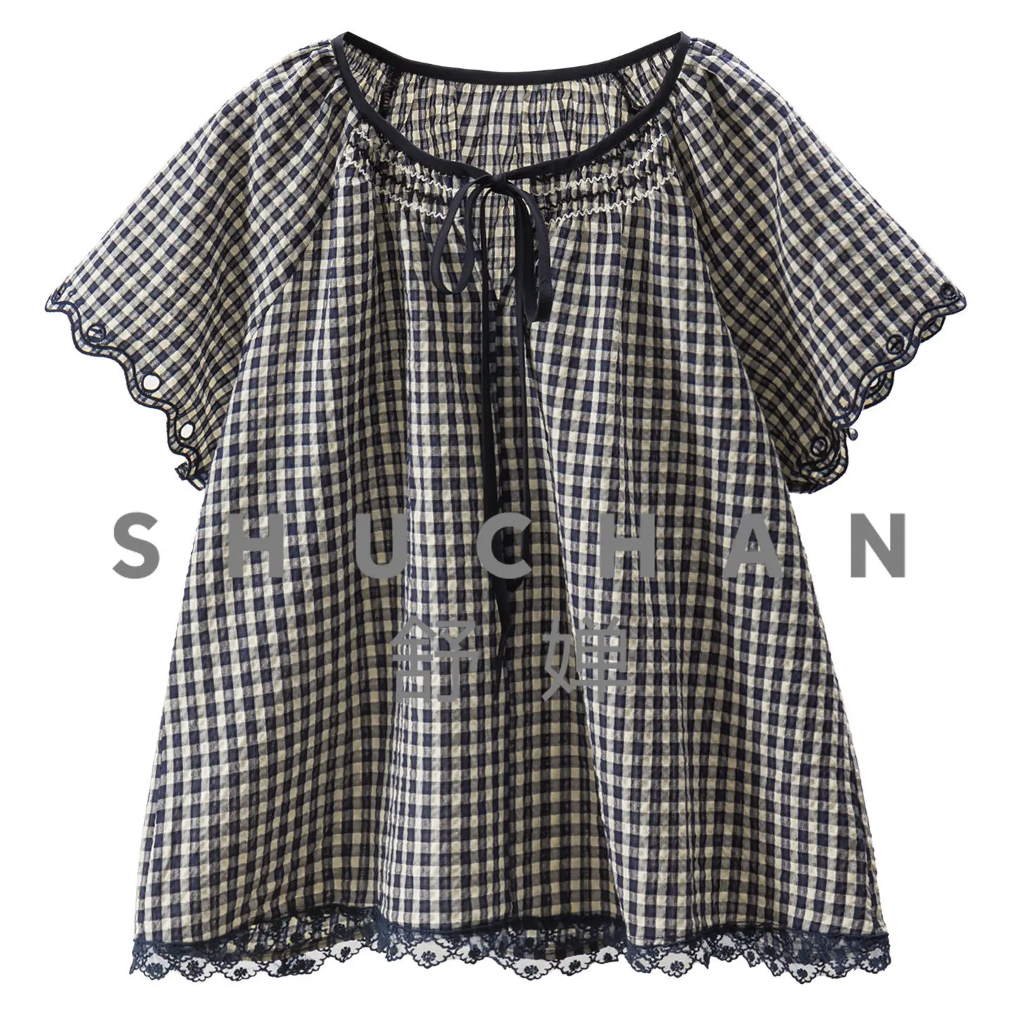 

summer thin blouse Seersucker Texture Wrap Lace-up Collar 100 Cotton Plaid Shirt Women's 18M2