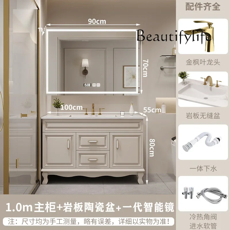 ตู้ห้องน้ำอเมริกัน BJ รุ่น Oak แบบสองอ่างล้างหน้า สีครีม พร้อมอ่างล้างมือแบบวางพื้น