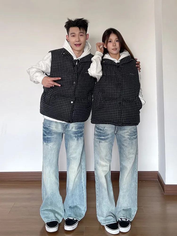

Blue Wide Leg Straight Cut Jeans Men Women Slimming Floor Length American High Street Vibe Bootcut Long Trousers Washed