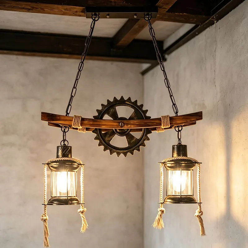 American Vintage Chandelier Retro Cafe Bar Restaurant Wooden Loft Droplight Design Gear Industrial Hanging Glass Pendant Lamp