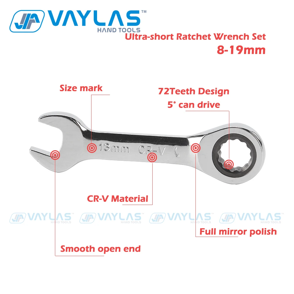 8-19mm Mini Ratchet Wrench Tools Ultra-short Keys of Stubby Ratcheting Combination Wrench Mirror Polish 72T Home Auto Car Repair