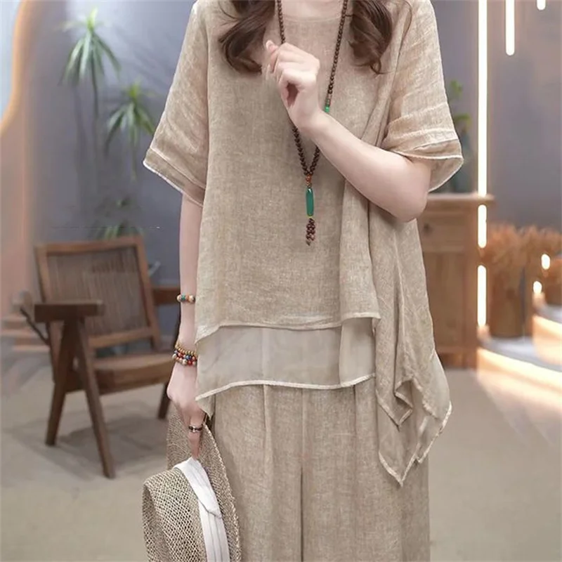 Literature and Art Retro Cotton Hemp Set for Women\'s 2024 Summer New Ethnic Style Loose and Slimming Style Two Piece Set Khaki