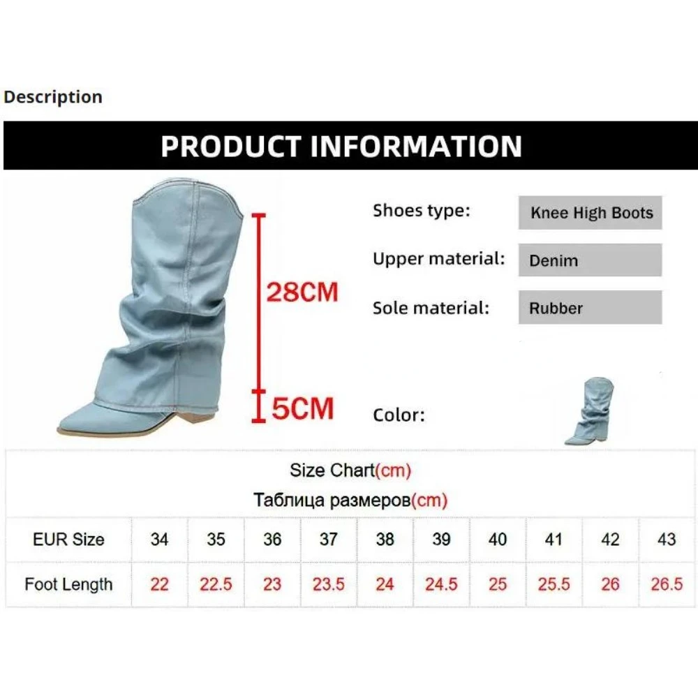 Pleated Block Heels Denim Boots for Women Autumn Pointed Toe Women High Knee Boots Plus Size Fashion Cowboy Woman Boots