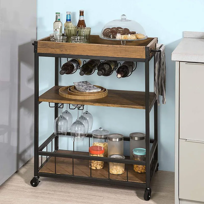 Restaurant delivery cart Multi-layer wooden tea snack cart Mobile dining cart trolley