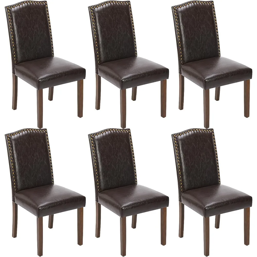 

Dining Chairs Set of 6, PU Leather Dining Room Chairs, Upholstered Parsons Chairs with Nailhead Trim & Wood Legs