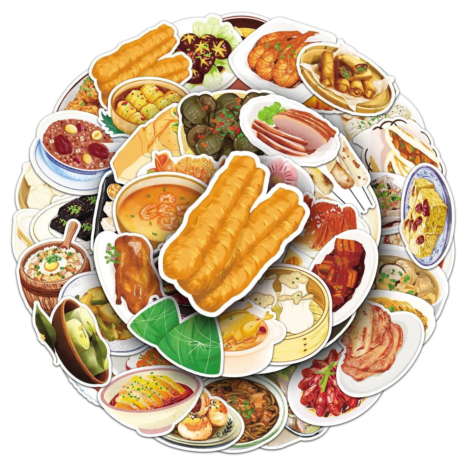 

10/50PCS Hand-Drawn Traditional Chinese Cuisine Graffiti Stickers Xiaolongbao Deep-Fried Dough Stick Cartoon Decal Notebook Cup