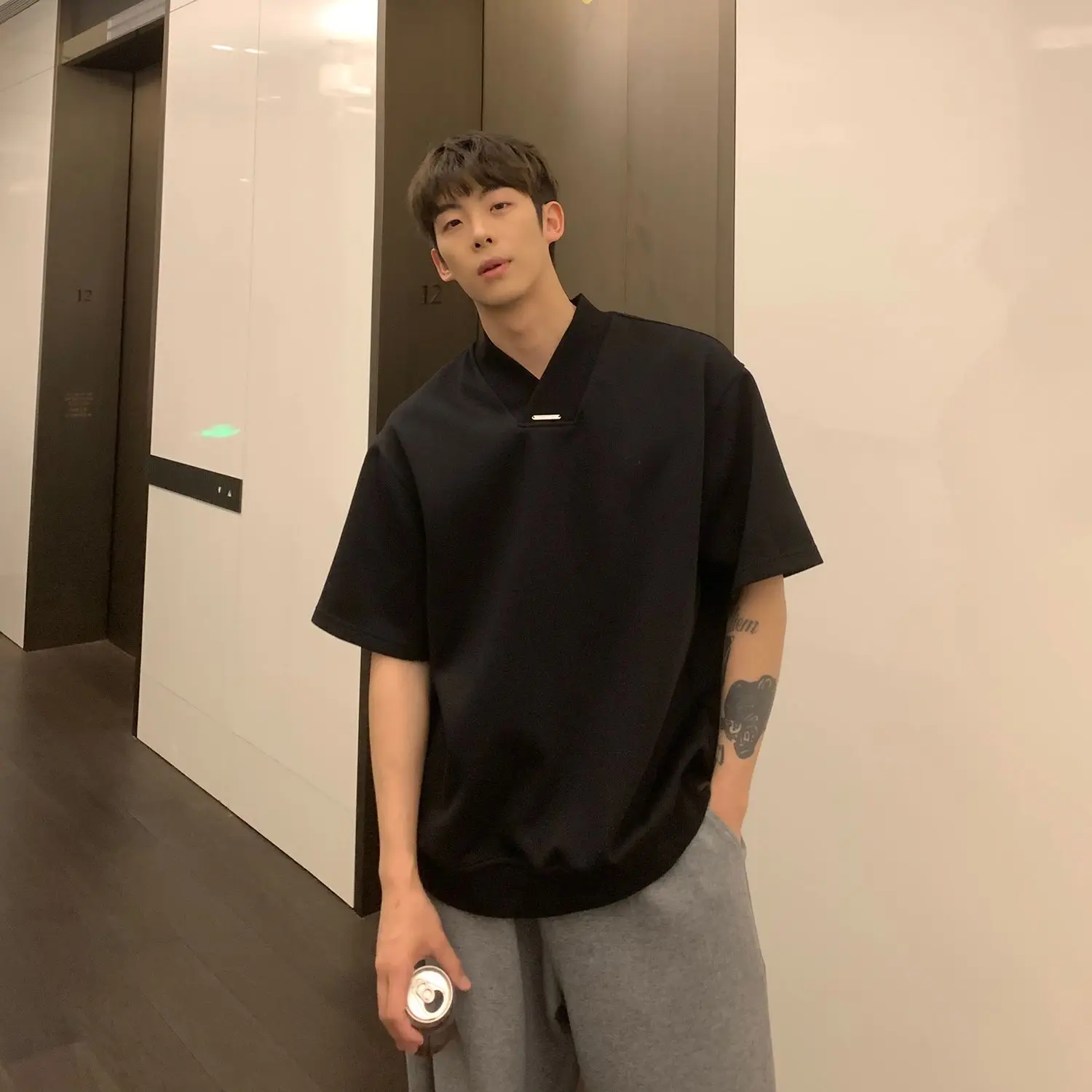 Summer Men V Neck Short Sleeve Solid Color T Shirts Fashion Chic Simple All-match High Street 2xl