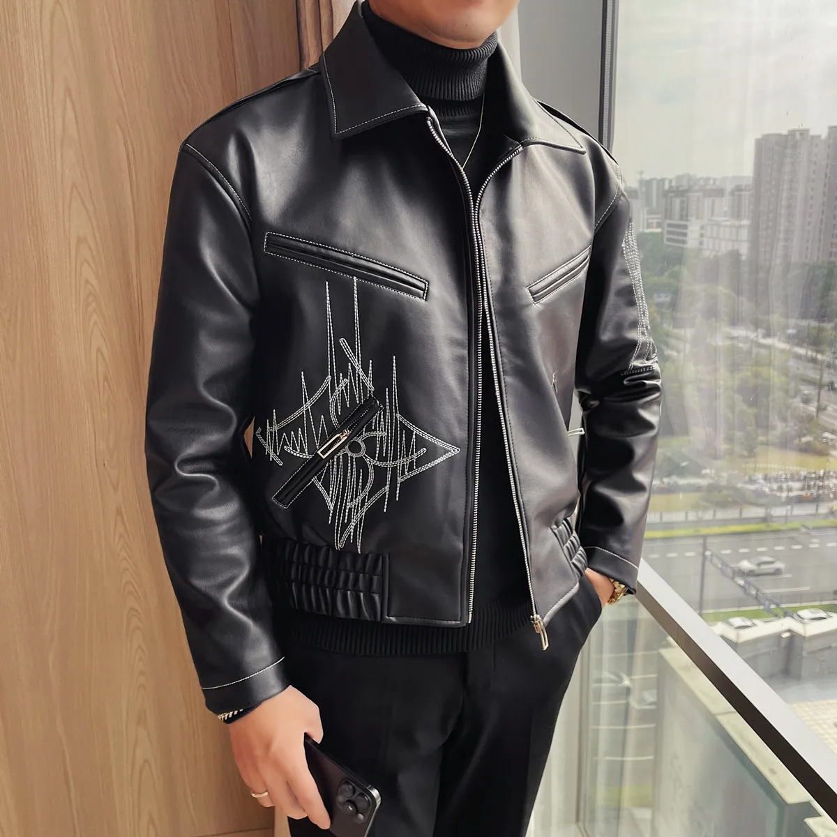 High Quality Fashion Men's Leather Jacket Coat New High-end Lapel Slim Fit Casual Embroidered Thick Jacket Top Men Clothing