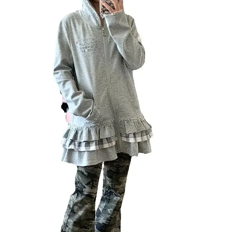 Gray Sweatshirt Cardigan Lace Stitching Plaid Cake Skirt Design Hooded Jacket Women New Autumn Trend