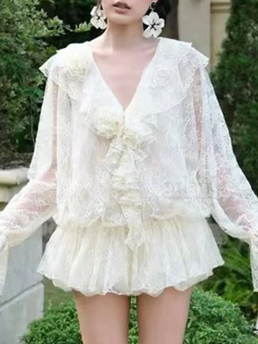 TWOTWINSTYLE, vestidos elegantes con pliegues y volantes empalmados lisos para mujer, minivestido de encaje transparente con cuello en V y mangas largas para mujer