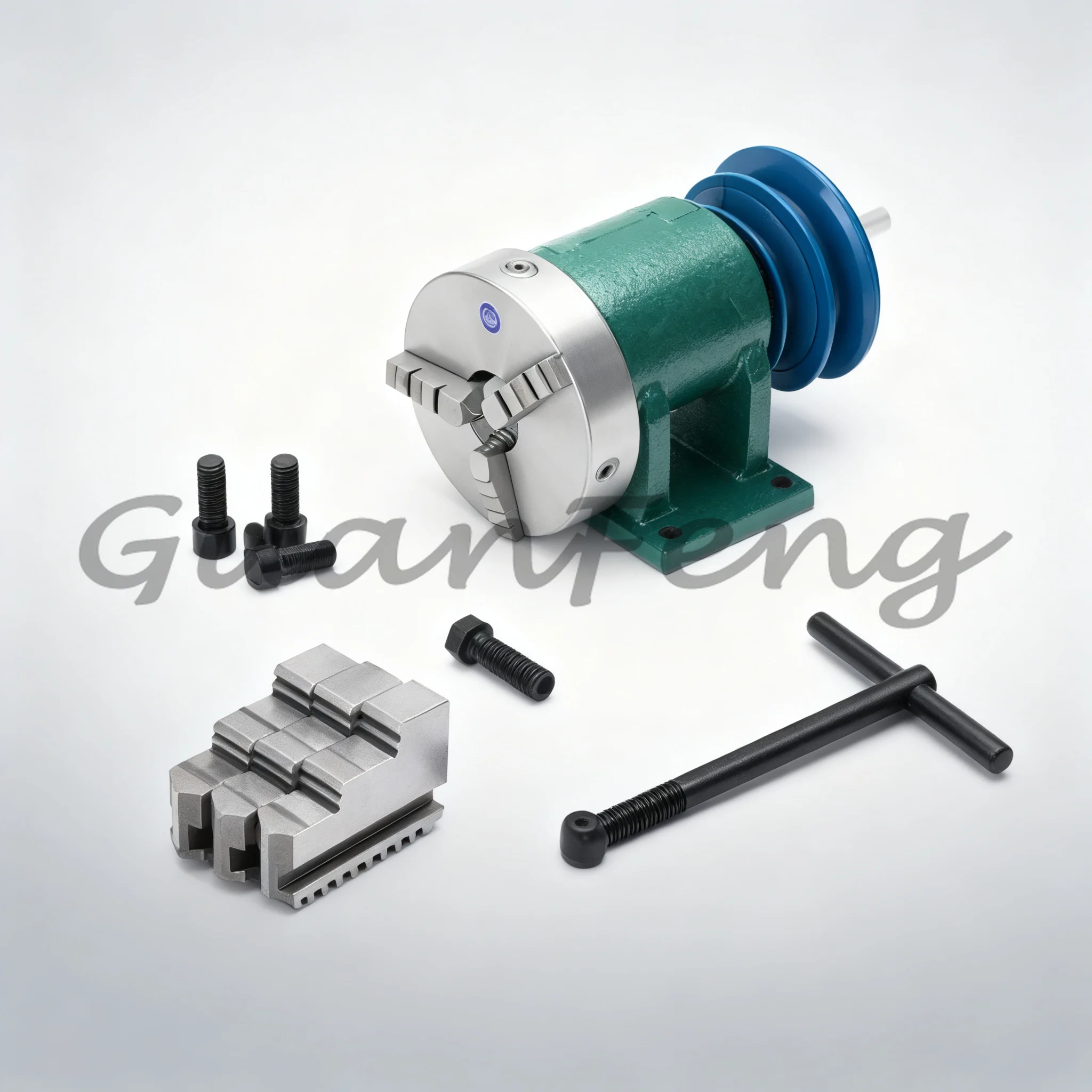 125 Woodworking Lathe Spindle Assembly, 3-Jaw Chuck Flange Pulley Set for DIY Home Bench Lathe Machining