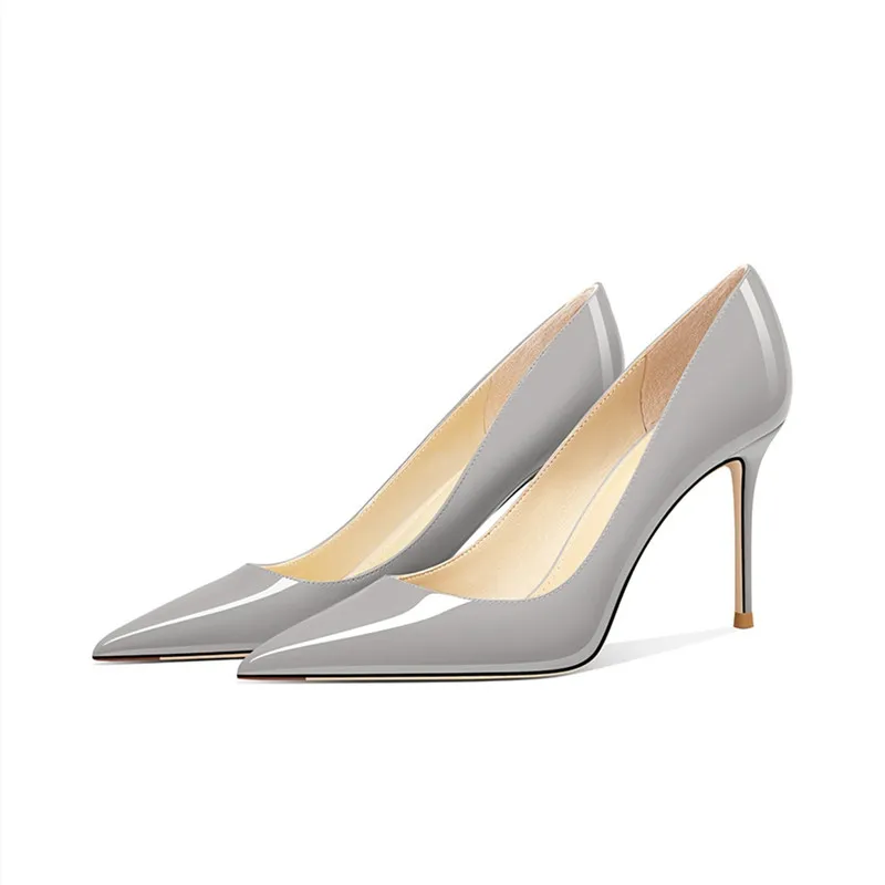 

Summer Fashion Gray High Heels with Shallow Toe Womne Genuine Leather Shoes Thin Heeled Pumps for Party Dress Casual Stilettos