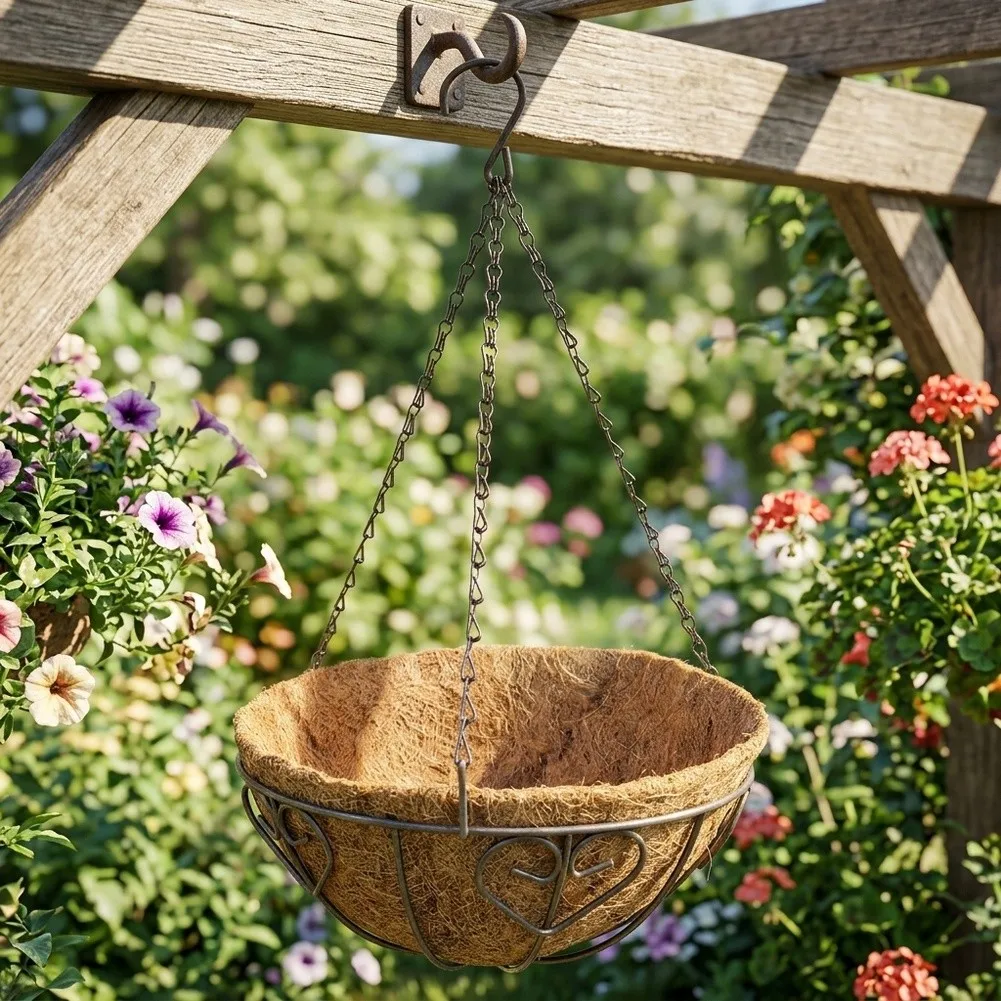 Set of 2 Hanging Metal Flower Pot with Natural Coconut Fiber Liners Strong Iron Chains for Hanging Plants Outdoors