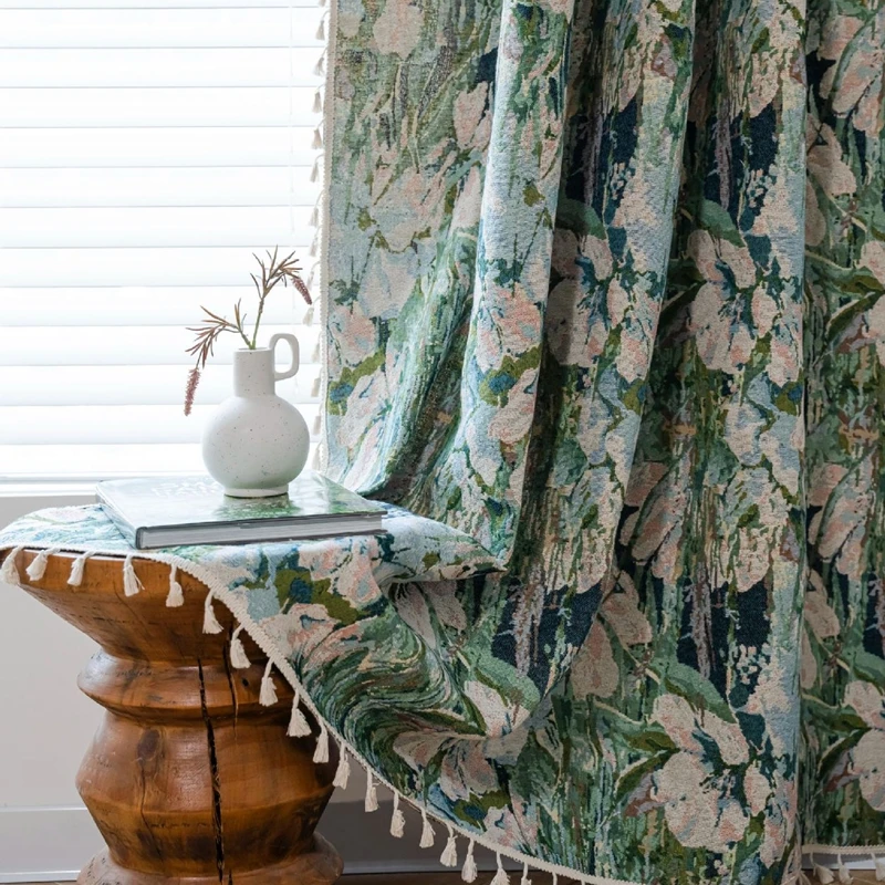 American Style Green Flower Jacquard Fringe Finished Curtain Homestay Home Semi-blackout Valance Living Room Bedroom Balcony