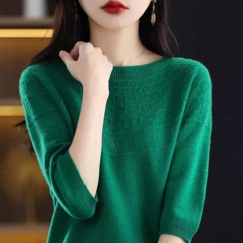 Round Neck Half Sleeve Screw Thread Solid Color Women\'s Clothing Pullover Sweater Knitted Casual Fashion Office Lady Tops