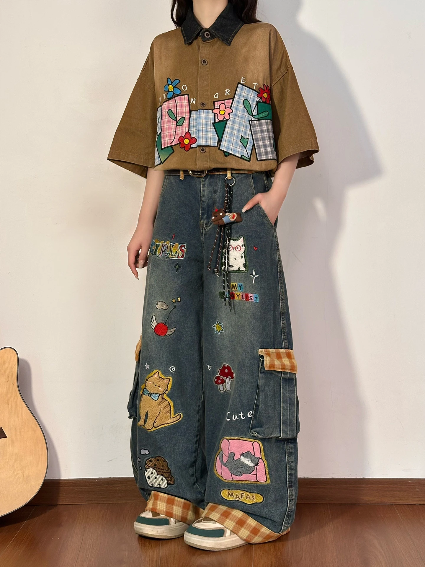 

Original Embroidery Wide Leg Jeans Women's Loose Fit Street Sle Patchwork Denim Trousers Vintage Wear Resistant