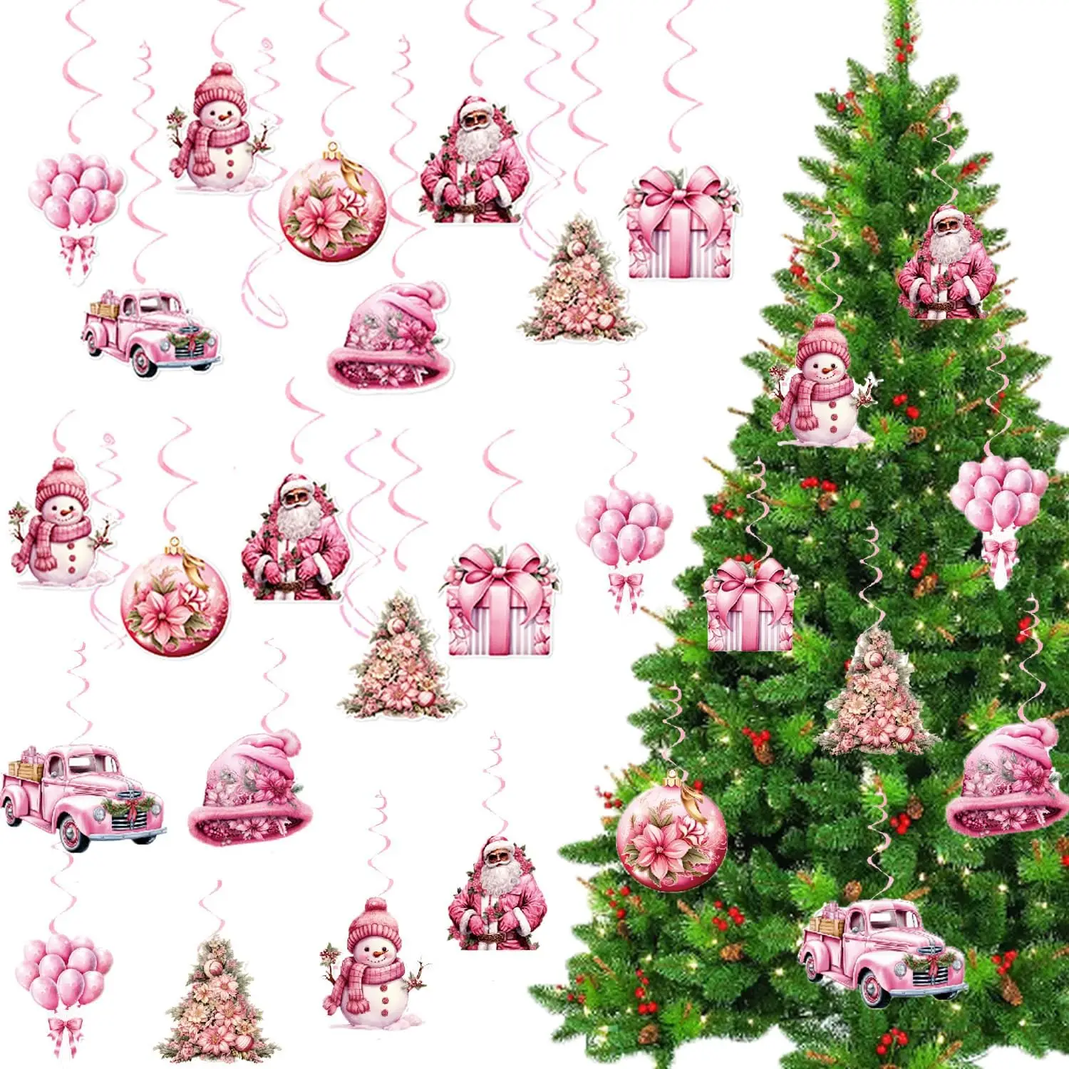 Pink Christmas-Tree Hanging Ornaments Party-Decorations - 16PCS Snowman Santa Claus Car Balloons Swirl Streamers, Xmas Home