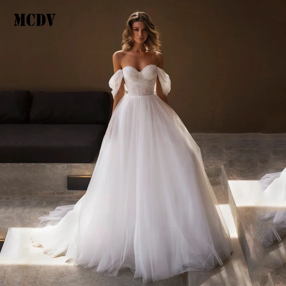 

MCDV Elegant Sweetheart Wedding Dresses Tulle Beaded A-Line Backless Bride Gowns Customized Off Shoulder vestidos de novia