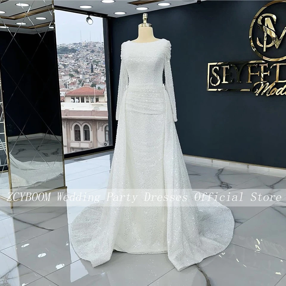 Customized Luxury White O-Neck Sequin Wedding Dress 2024 Boho Mermaid Floor Length Detachable Sweep Train Zipper Bridal Gown