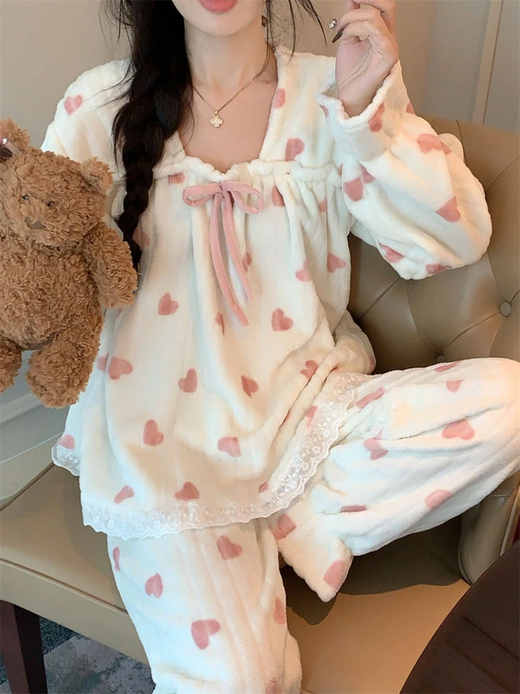 

Fleece Thick Warm Home Wear For Women Print Love Square Collar Pullover Top With Bow+Loose Pants Sweet 2Pcs Girls Sleepwear Set