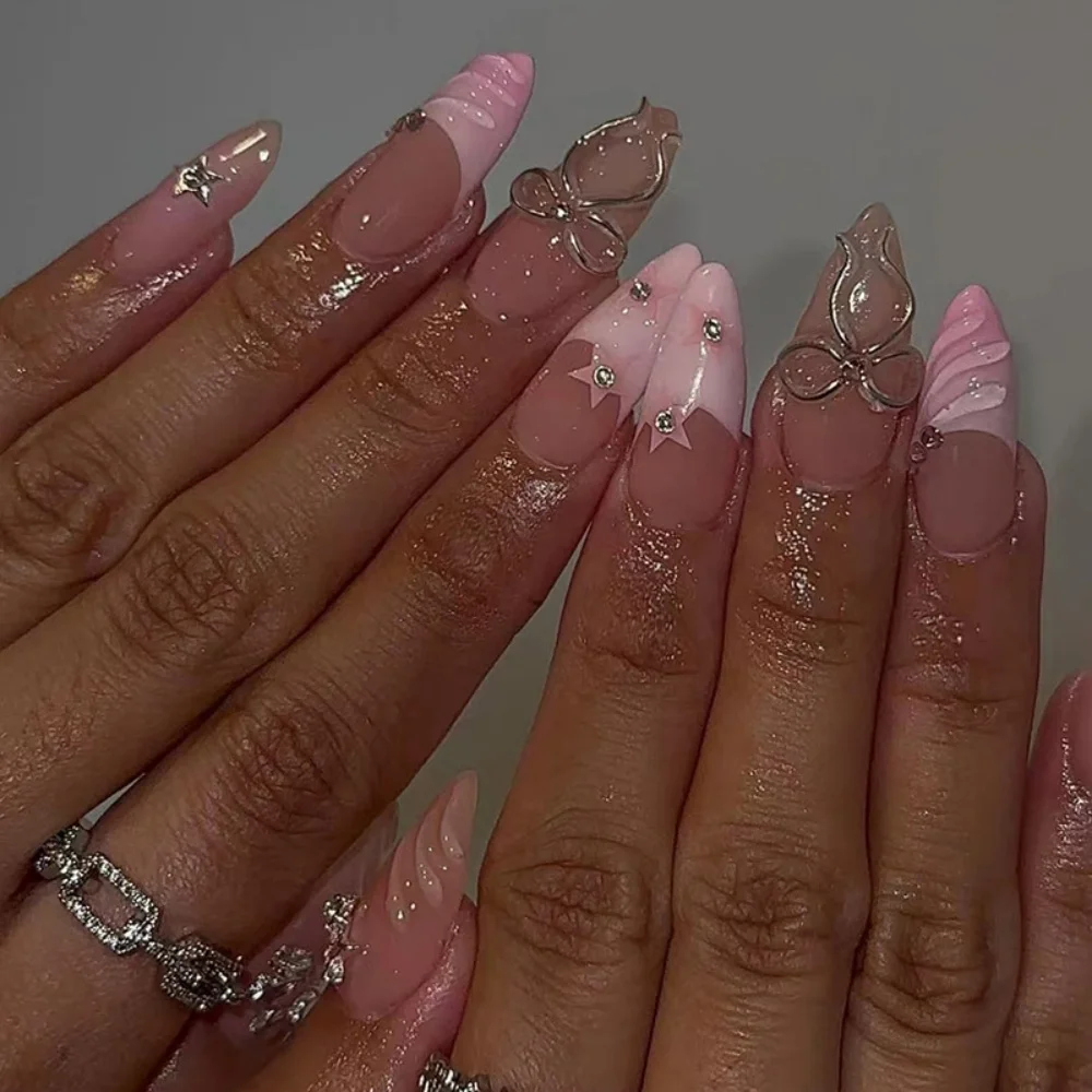 

24pcs Diamond Star French 3D Bow Press on Fake Nails Art Nude Design Shiny Wearable with Jelly Glue Long Almond False Nail Tips