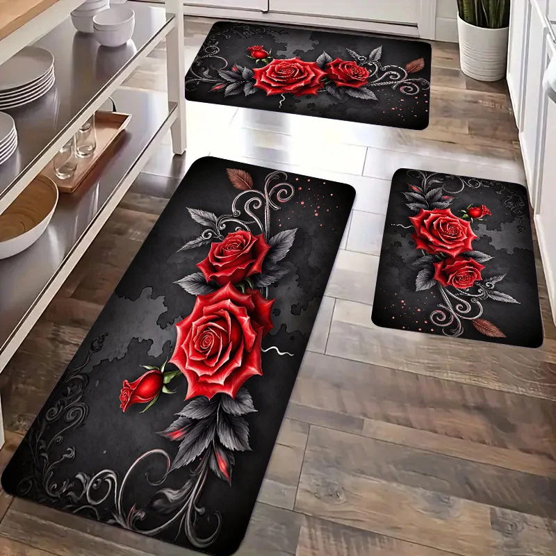 Gothic Red Rose Kitchen Rug Set 3Pcs Dark Floral Vintage Scrollwork Print Non-Slip Floor Mat Romantic Gothic Home Decor Carpet