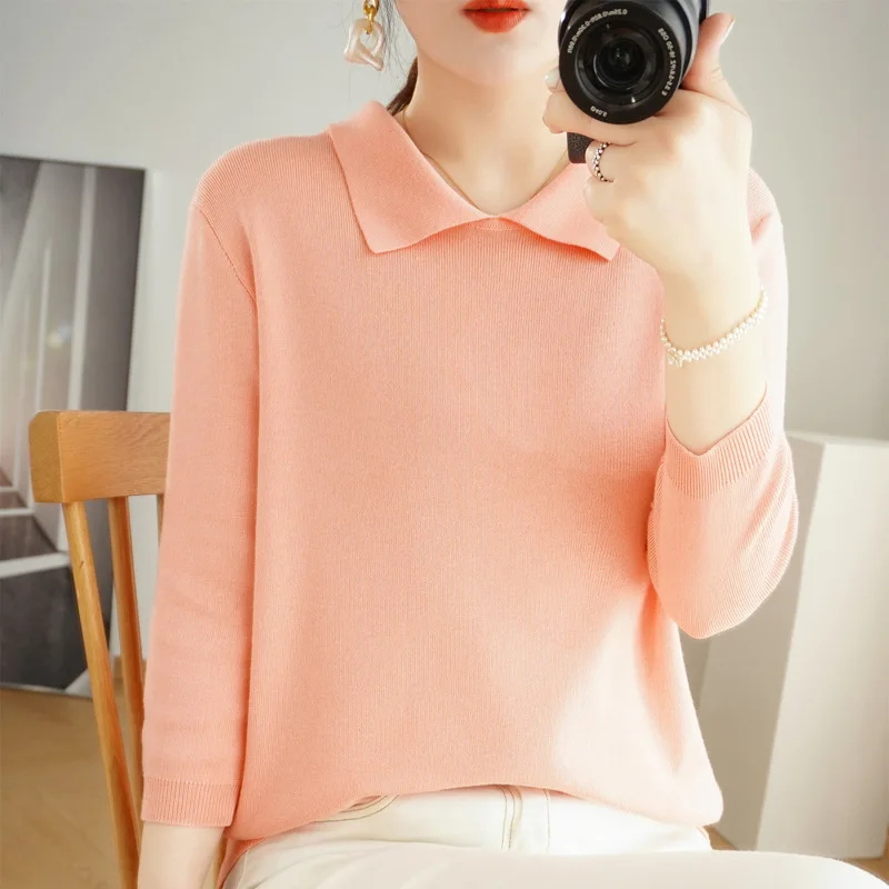 POLO Collar Women\'s Knitted Sweater Cashmere Blend Autumn And Winter New Solid Color Simple Inner Slimming And Age-reducing Top