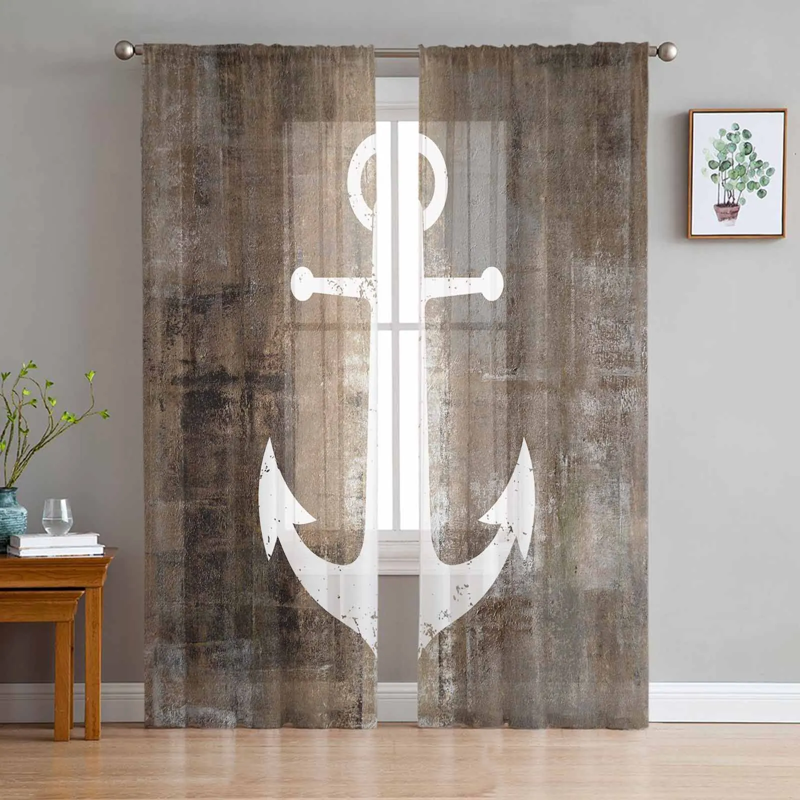 Retro Abstract Paint Boat Anchor Brown Triangle Tulle Sheer Curtains For Living Kitchen Children Bedroom Voile Hanging Curtain