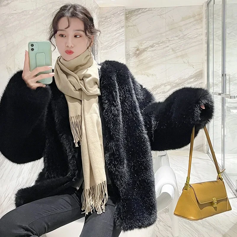 Winter Women's Coat Faux Fur Thick Warm Fox Hair Thick Fluffy Cardigan Plush Solid Color Temperament Round Neck Women's Clothing