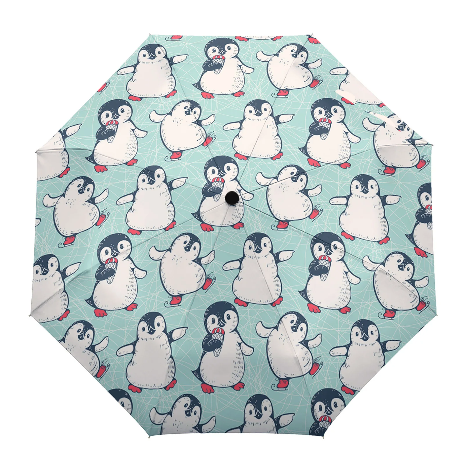 Winter Penguin Cartoon Large Fully-automatic Parasol Umbrella Foldable Eight Strand Umbrella for Adults Rain Umbrella