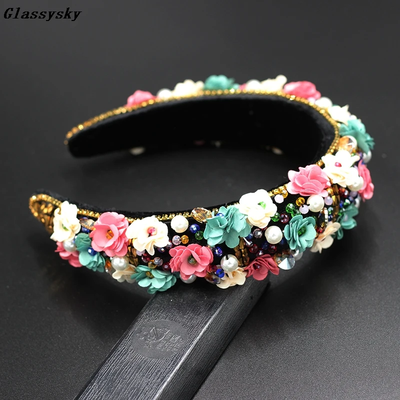 Luxury Colorful RhinestonesFlower HeadbandRetro Style Beautiful Sponge HairbandHeadbandFashion Baroque jewelry 823