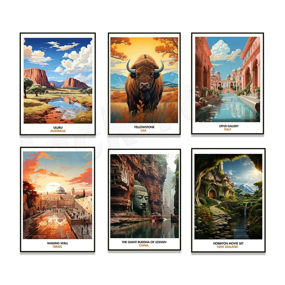 Yellowstone National Park, Leshan Giant Buddha, New Zealand, Göbekli Tepe, Switzerland, Uffizi Museum, Russian travel poster