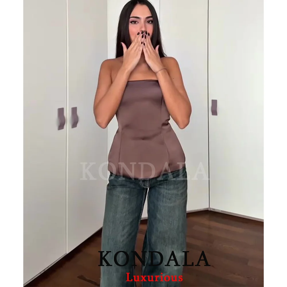 KONDALA خمر شيك براون الساتان النساء الدعاوى صديرية دائرية عارية الذراعين السترة السراويل المستقيمة موضة 2025 الخريف مكتب سيدة الدعاوى الحفلات #4