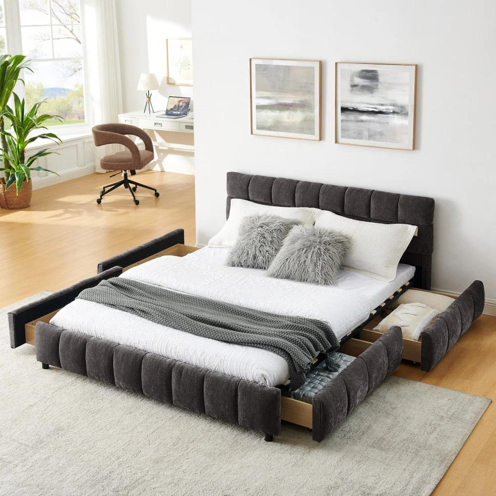 

*M Luxury Queen Size Upholstered Bed Frame Soft Headboard with Storage Drawer Furniture