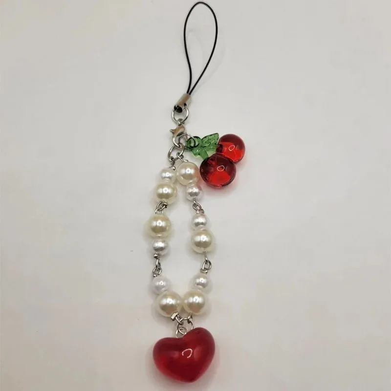 Cute Cherry Heart Charm Pearl Beaded Phone Charm KeyringY2K Phone Charm Kawaii Phone Strap