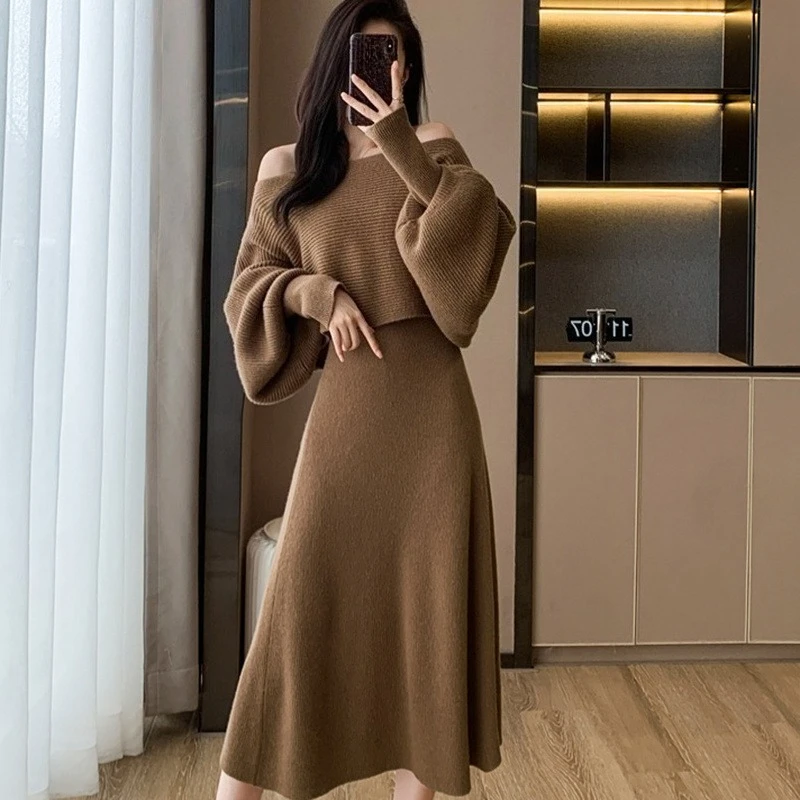 Women Knitted 2 Piece Set Fall Winter French Style Sweater Slip Dress Office Elegant Camisole Midi Dress Outfit